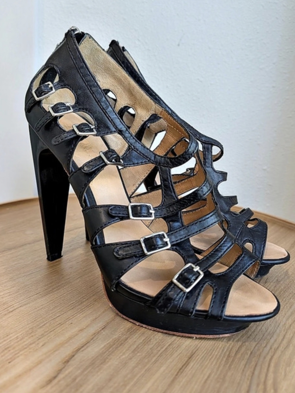 LAMB Strappy Leather 1.5" Platform 4" Spike Stiletto Heels in Black